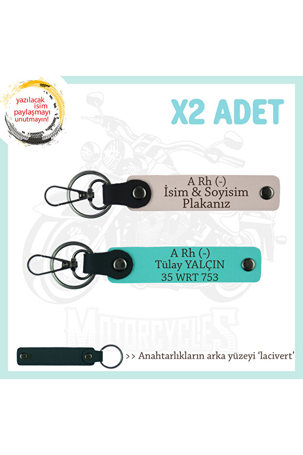 A Rh (-) Blood Group Written Leather X2 Keychain, Powder-Turquoise-Laci, Custom Name Plate for Biker Passengers