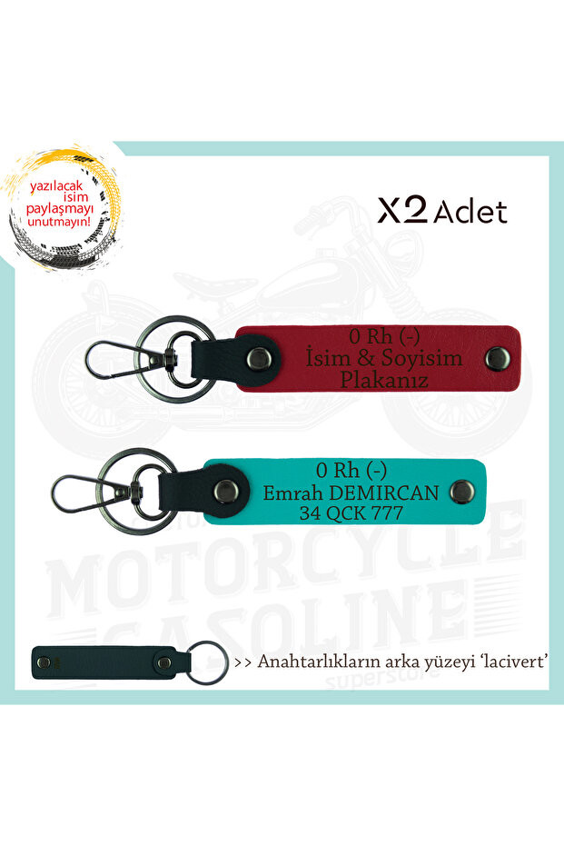 Motorcuya Style Gift, Name Plate and 0 Rh (-) Blood Group, Set of 2 Keychains, Red-K Turquoise-Laci