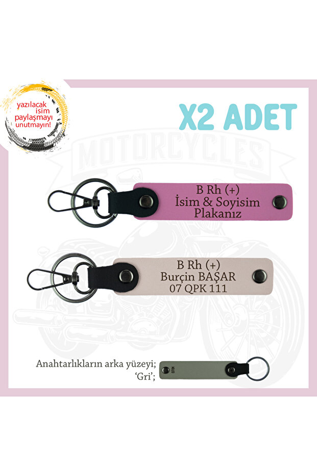Design Leather 2-Key Chain, Powder-Pink-Gr, Special for Motor Lovers, Name Plate and B Rh (+) Blood Group