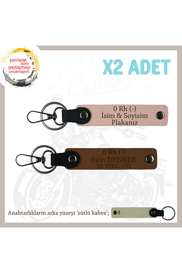 Name Plate and 0 Rh (-) Blood Group Processed 2 Keychain, Yavruağzı-Coffee-Sk, Biker Style Special