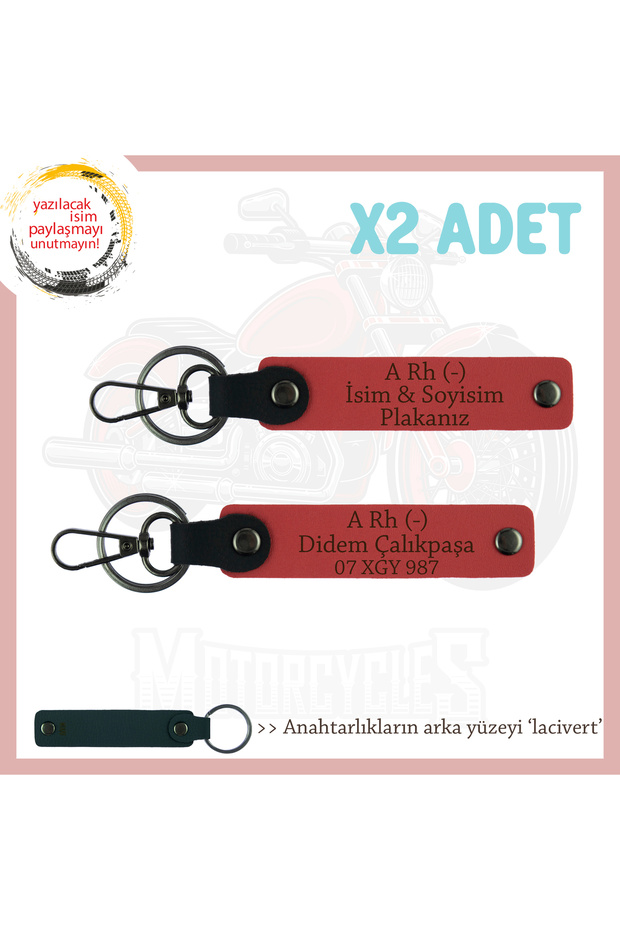 Name Plate and a Rh (-) Blood Group Written Leather X2 Keychain, Pomegranate Flower-Laci, Special for Motor Lovers