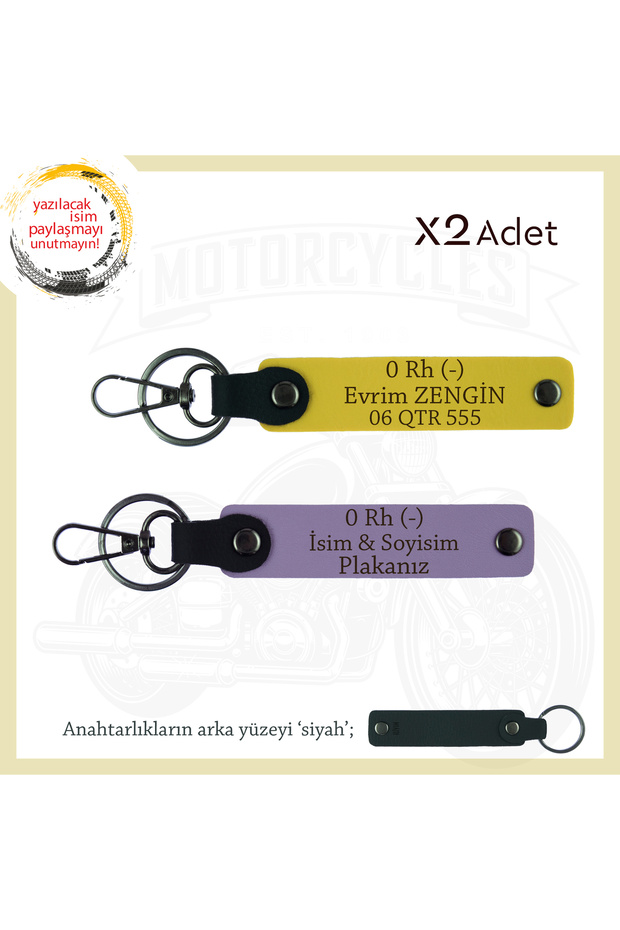 Name Plate and 0 Rh (-) Blood Group Written Leather X2' Keychain, Purple-Yellow-Syh, Special for Speed Enthusiasts