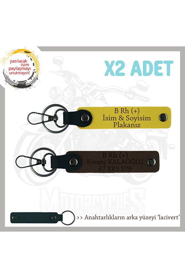 To Biker Friends, Gift X2 Keychain with Name Plate and B Rh (+) Blood Group Written, Yellow-K Brown-Navy