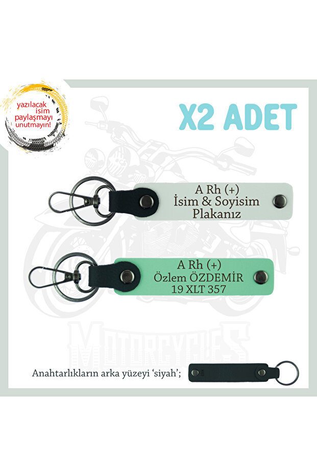 Speed Enthusiast Custom Name Plate, a Rh (+) Blood Type Lettering Leather X2 Keychain Set, Green-White-Syh