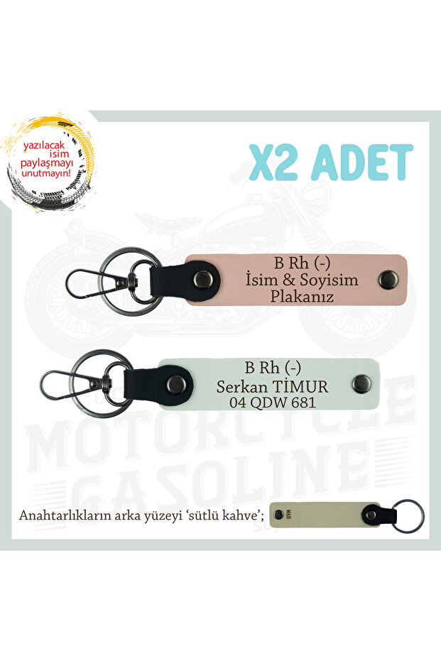 Leather Keychain with Name Plate and B Rh (-) Blood Group 2'Li for Motorcycle Lovers, Puppy-Mouth-White-Sk