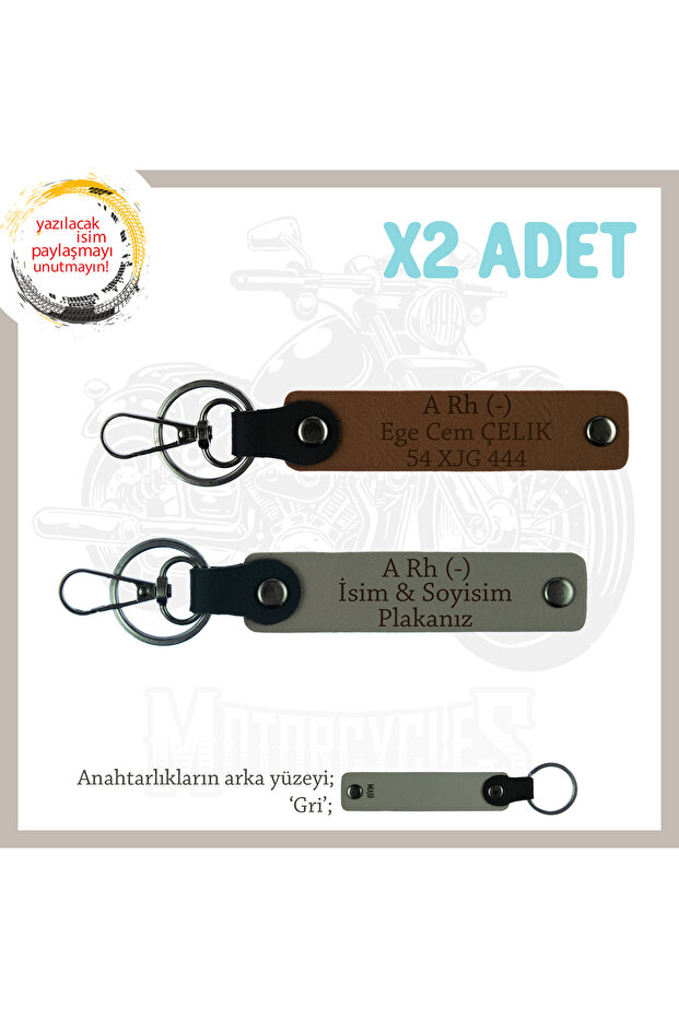 Custom Design X2 Keychain Set, Ash Grey-Brown-Gr, for Motor Lovers, Name Plate and a Rh (-) Blood Group