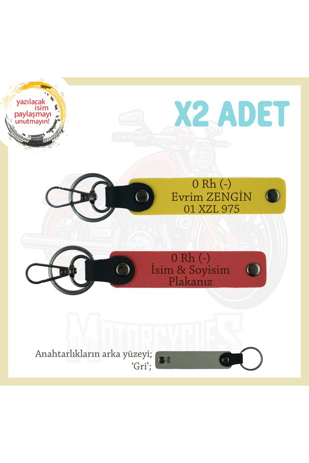 Gift Leather X2 Keychain with Nameplate and 0 Rh (-) Blood Type for Bikers, Pomegranate Flower-Yellow-Gr