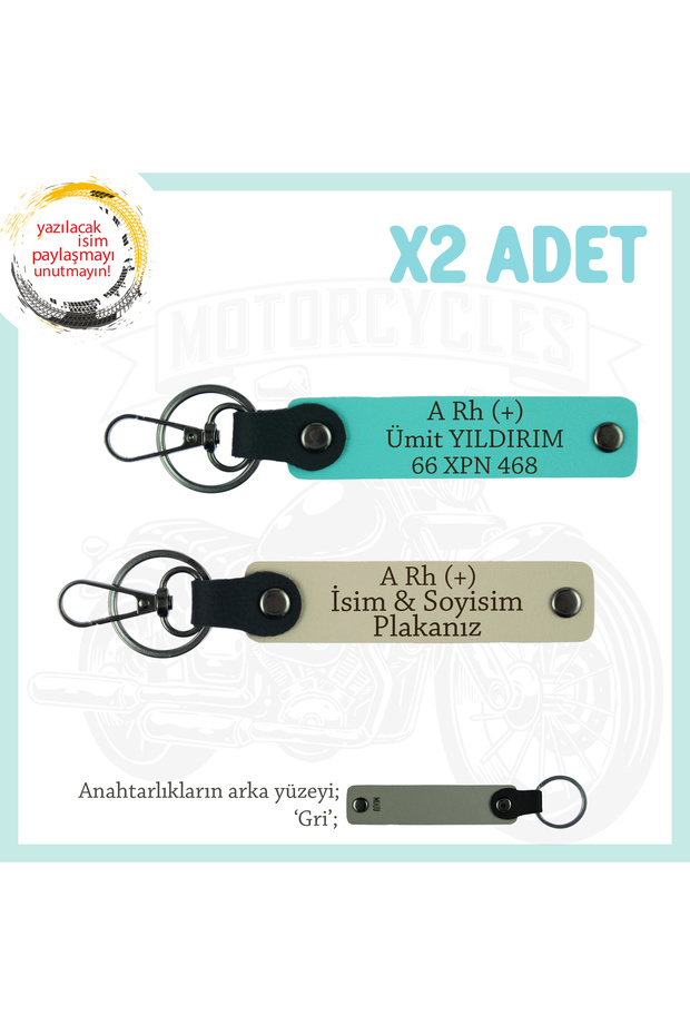 X2 Keychain with Name Plate and a + Blood Group Written, S Coffee-Turquoise-Gr, Special for Motorcycle Lovers