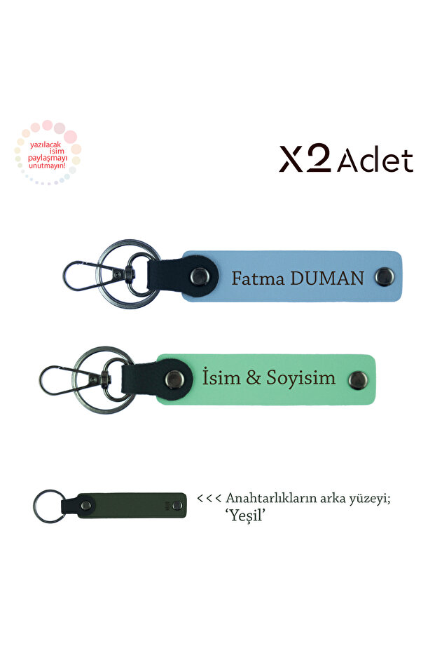 Birthday Gift for Couples, Set of 2 Keychains with Name and Surname Written, Green-Sky Blue-Green