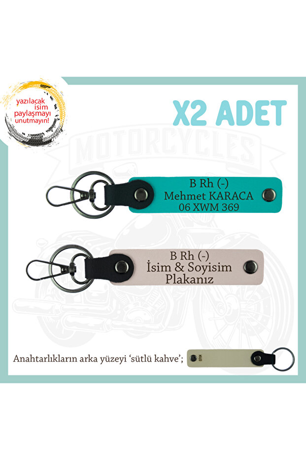 X2 Keychain, Powder-K Turquoise-Sk, Special Gift for Companion with Name Plate B Rh (-) Blood Group Written