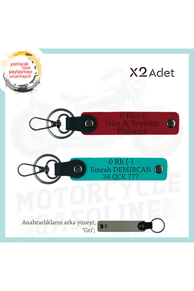 Name Plate and 0 Rh (-) Blood Group Written X2 Keychain, Red-K Turquoise-Gr, Biker Style Special