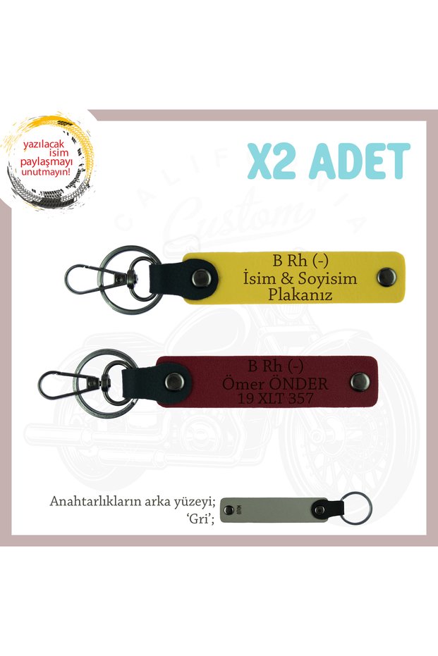 Custom Production X2 Keychain with Name Plate and B Rh (-) Blood Group Lettering for Motor Enthusiasts, Yellow-Burgundy-Gr