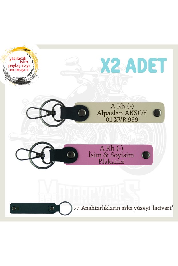 Leather X2 Keychain, Pink-S Coffee-Lacquer, Custom Name Plate for Biker Friends a Rh (-) Blood Group Written