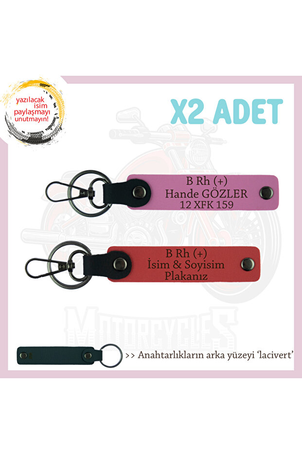 X2 Keychain, Pomegranate Flower-Pink-Laci, Special Name Plate B Rh (+) Blood Group Written for All Drivers