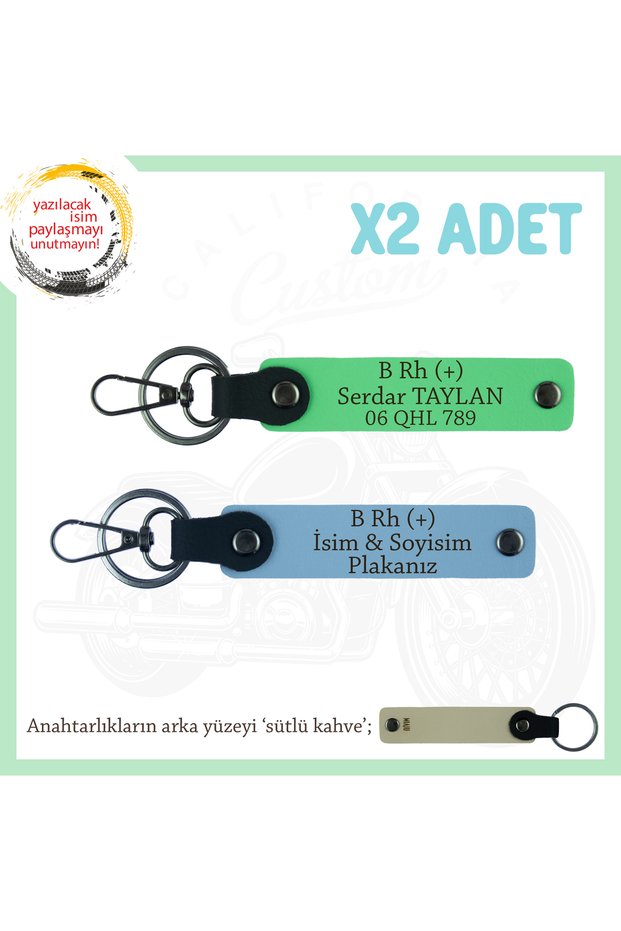 Keychain with Motor X2, Blue-F Green-Sk, Written Biker Friends, Name Plate and B Rh (+) Blood Group