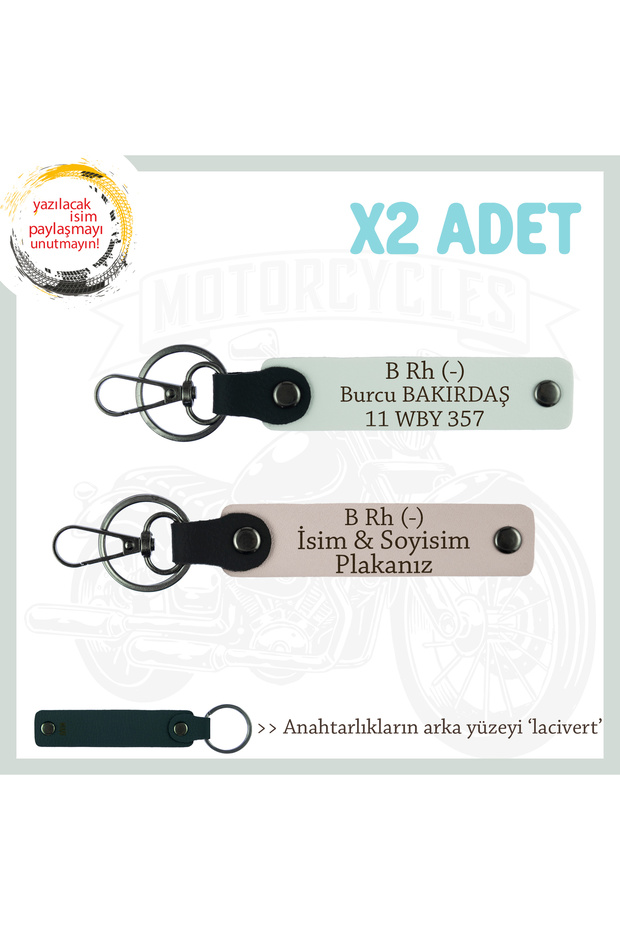 Leather 2-Key Chain, Powder-White-Laci, Special Name Plate for Motorcyclists and B Rh (-) Blood Group Written