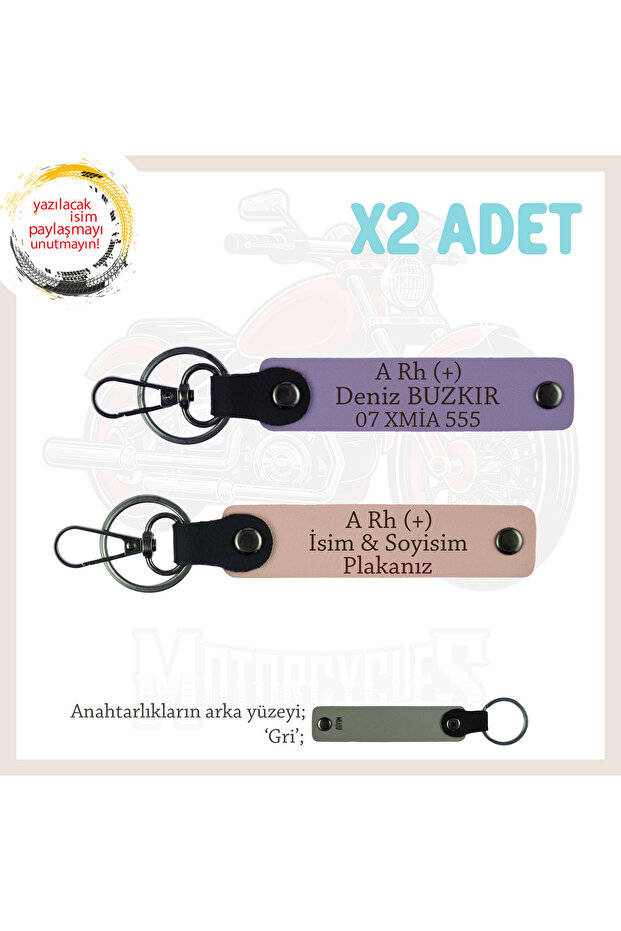 X2 Keychain, Yavruağzı-Purple-Gr, Special Name Plate for Motor Enthusiasts and a Rh (+) Blood Group Written