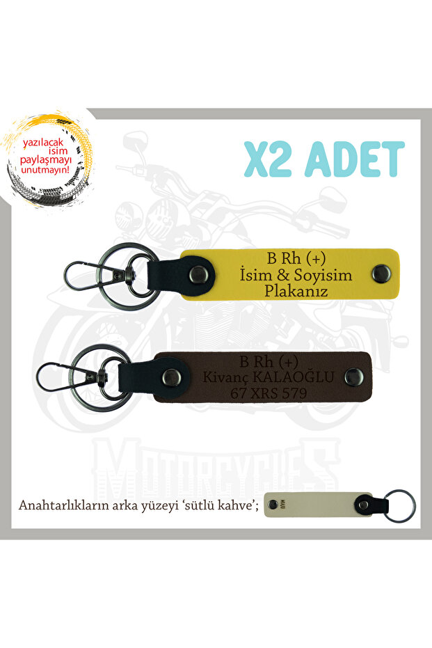 B Rh (+) Blood Group Written Gift X2 Keychain, Yellow-K Brown-Sk, Custom Name Plate for Biker Friends