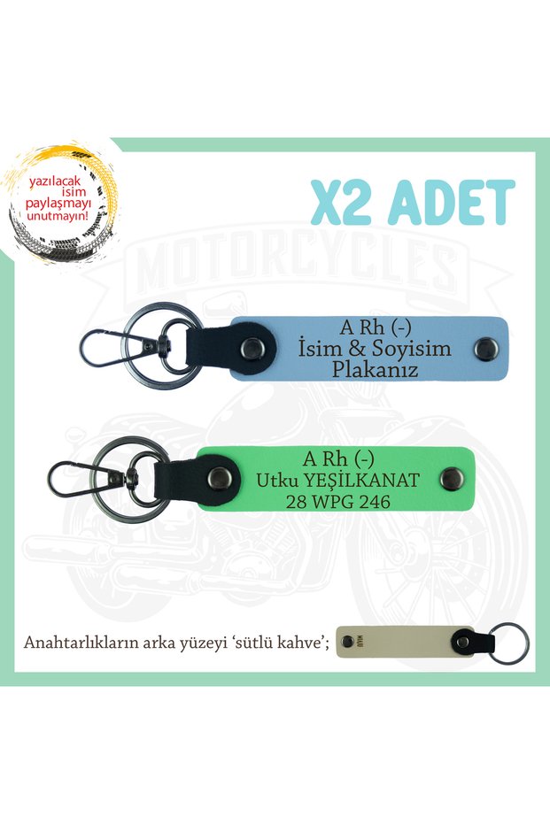Motorcycle X2' Keychain, Blue-F Green-Sk, Written to Biker Friends, Name Plate and a Rh (-) Blood Group