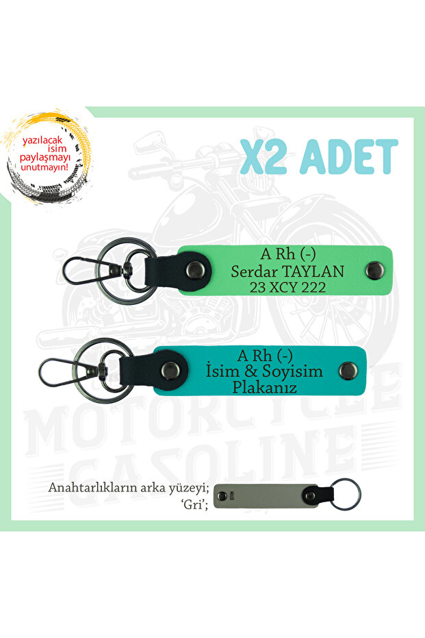 2 Keychains with Name Plate and a - Blood Group Written, K Turquoise-F Green-Gr, Motorcycle Adventurers