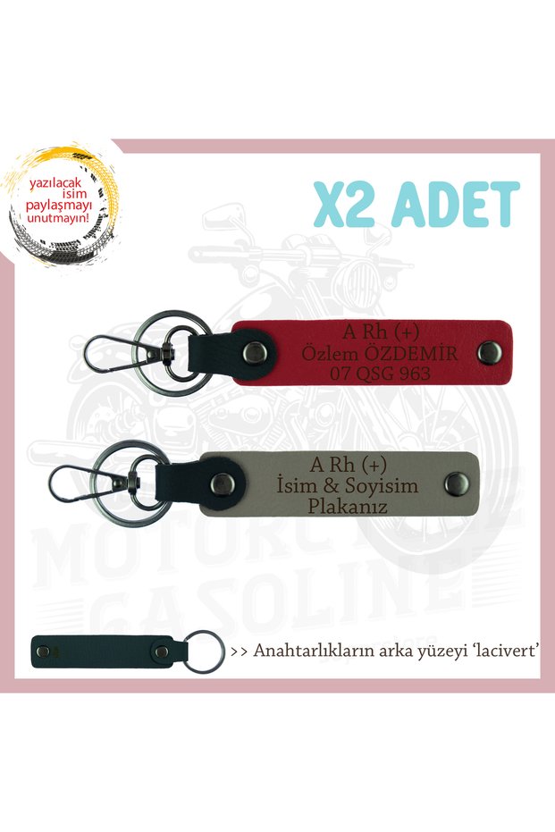 Gift X2 Keychain Set with Name Plate and a Rh (+) Blood Type Written for Bikers, Ash Grey-Red-Navy