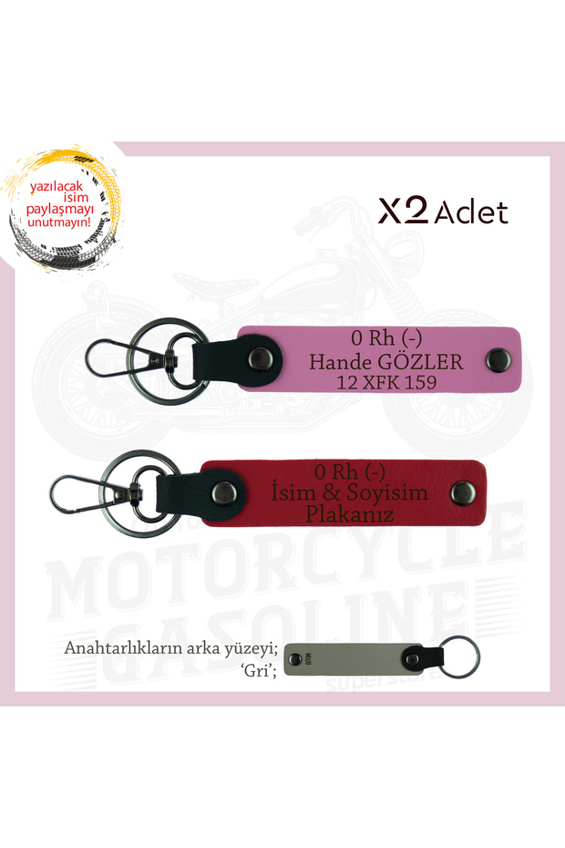 Name Plate & 0 Rh (-) Blood Group Written X2 Keychain, Red-Pink-Gr, for Motorcycle Lovers