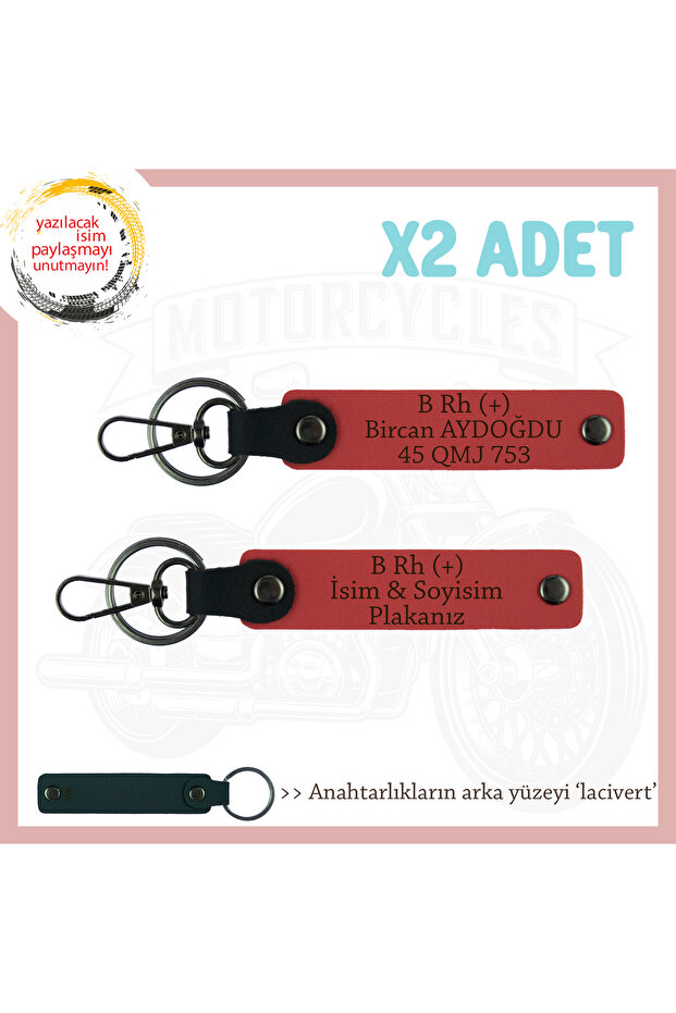 Special for Motor Lovers, Leather X2 Keychain with Name Plate and B Rh (+) Blood Group Lettering, Pomegranate Flower-Laci