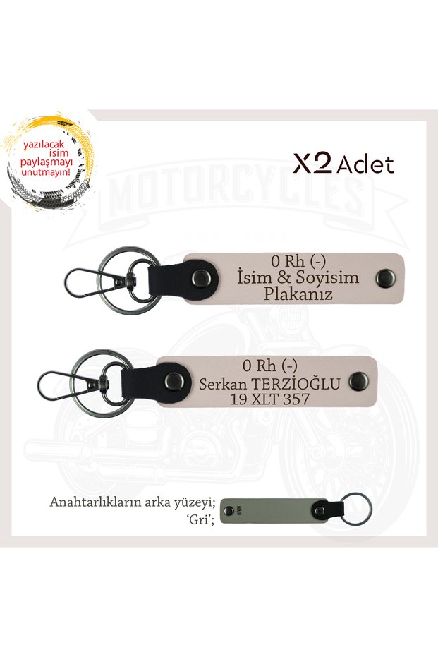 Set, Powder-Gr, Leather X2 Keychain with Name Plate for Motorcycle Adventurers and 0 Rh (-) Blood Group Written