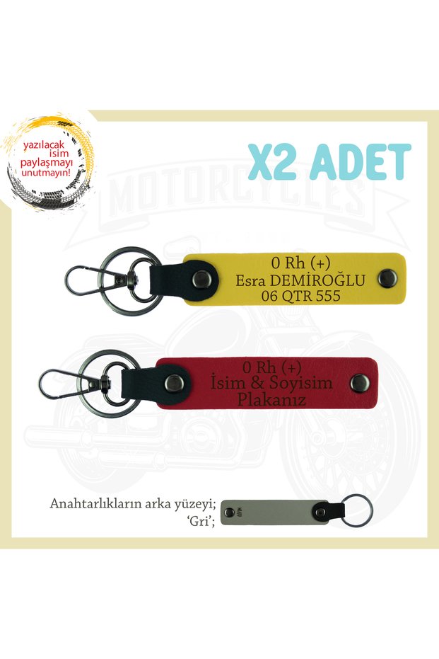 Name Plate and 0 Rh (+) Blood Group Written X2 Keychain Gift, Red-Yellow-Gr, Special for Motor Lovers