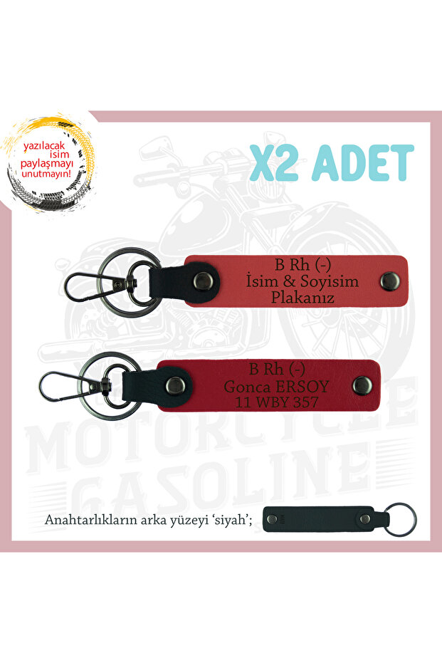 Leather X2 Keychain, Pomegranate Flower-Red-Syh, Custom Name Plate B Rh (-) Blood Group Written for Biker