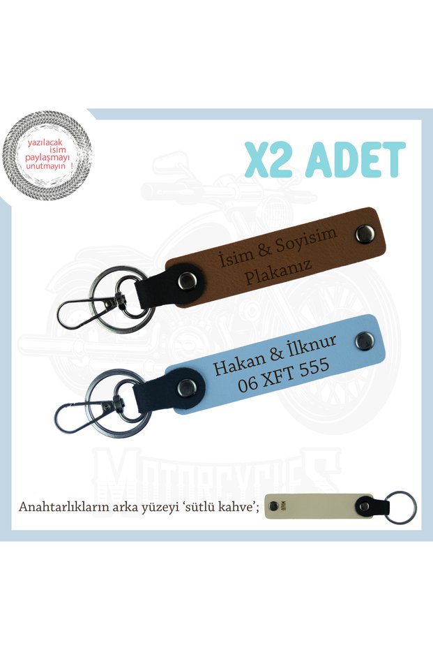 Group, Brown-Sky Blue-Sk, 2-Piece Special Leather Keychain with Name and Plate Written for Biker Friends