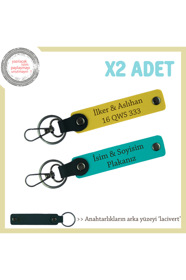 Personal Keychain with Name and Plate Written Set of X2, Dark Turquoise-Yellow-Navy, Special for Car Owners
