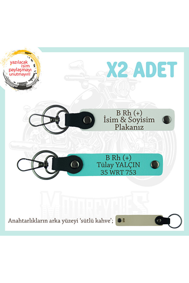 For Motor Lovers, Special Design X2 Keychain with Name Plate and B Rh (+) Lettering, Gift, White-Turquoise-Sk