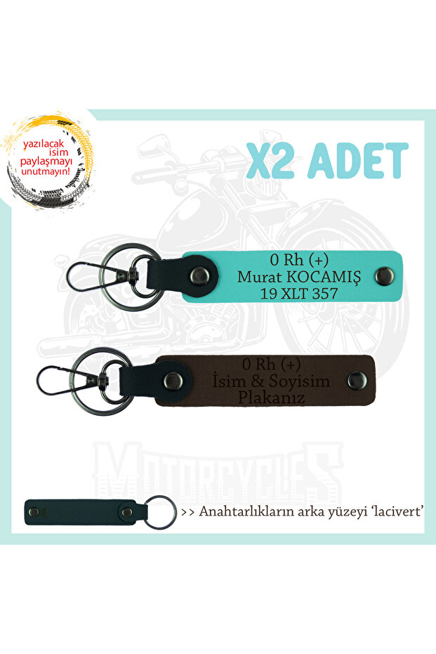 Memory, K Coffee-Turquoise-Navy, X2 Keychain with Motor Lovers, Name Plate and 0 Rh (+) Blood Group Written