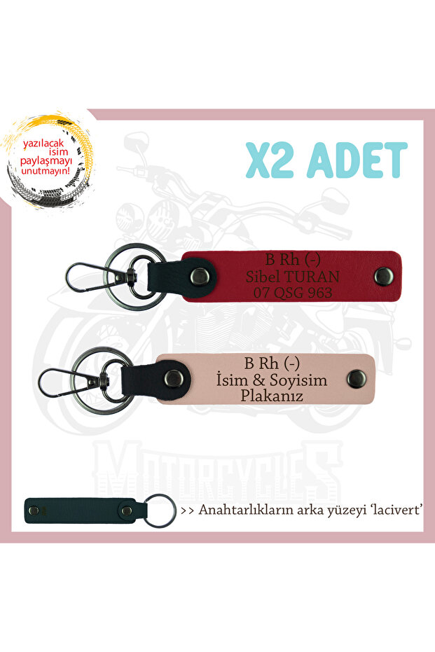 Biker Gift, Leather X2 Keychain with Name Plate and B Rh (-) Blood Type Lettering, Puppy-Red-Navy
