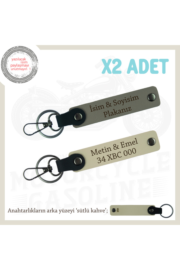 Customized X2 Sets with Plate and Name, Ash Grey-S Coffee-Sk, Giftable Leather Keychain Set