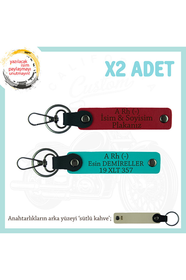 Motorcycle Style Special, Name Plate and a Rh (-) Blood Group Lettering X2 Keychain, Red-K Turquoise-Sk