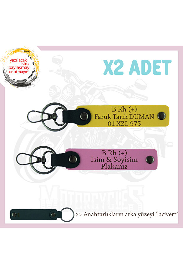 Emergency X2' Keychain, Yellow-Pink-Navy, Motorcycle Lovers Name Plate and B Rh (+) Blood Group