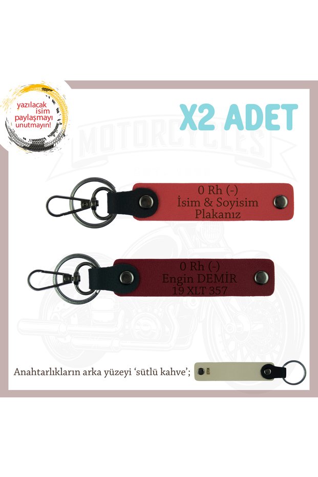 2 Keychains with Name Plate and 0 Rh (-) Blood Group Written, Pomegranate Flower-Burgundy-Sk, Special for Biker Style