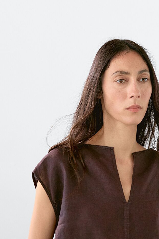 Elastik kenarlı keten bluz - 2