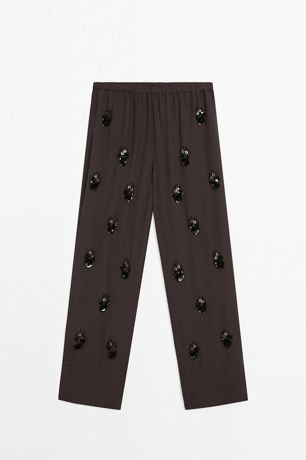 Çiçek aplikeli dökümlü pantolon - 5