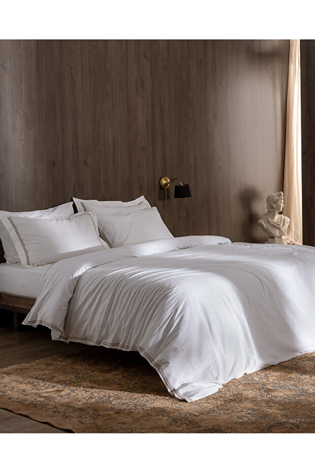 Tina King Size Linen Look Washed 100% Cotton Sheet Duvet Cover Set - White/Beige