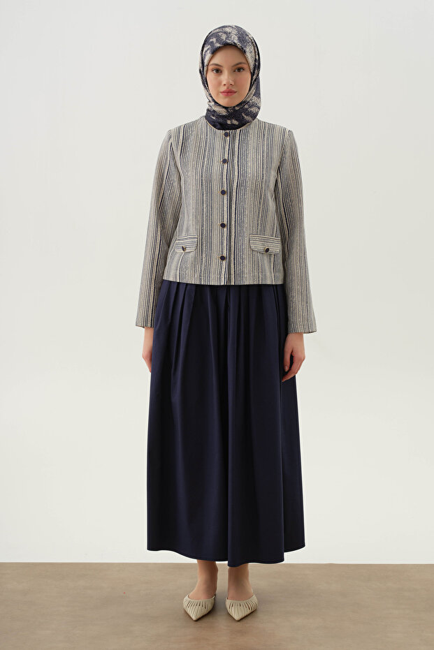 Çizgili Mini Ceket - İndigo - 1