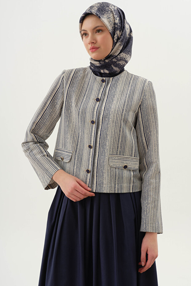 Çizgili Mini Ceket - İndigo - 6