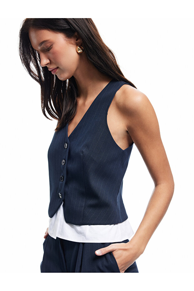 V-Neck Buttoned Blazer Vest with Two Different Fabric Details