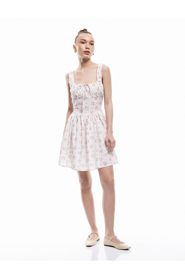 U-Neck A-Line Lace-Up Bodice Detail Viscose Blend Floral Mini Dress