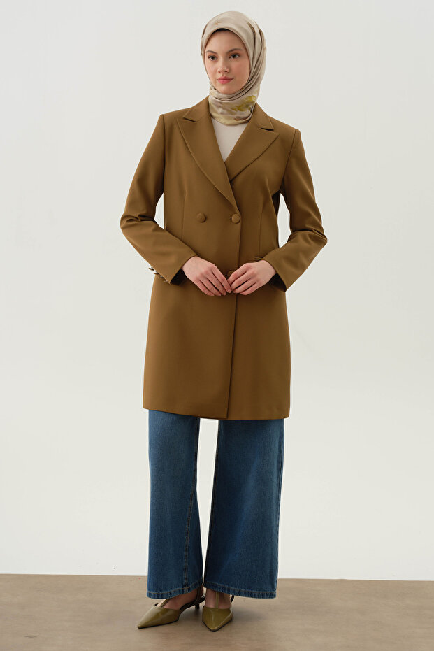 Kruvaze Düğmeli Uzun Basic Ceket - Olive - 1