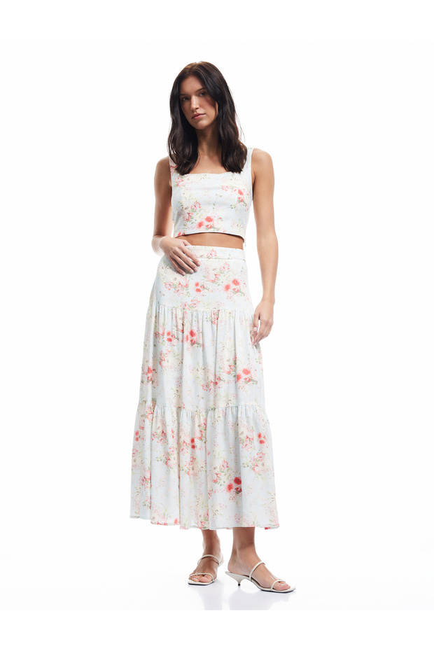 Loose Fit Lined Linen Blend Long Floral Flared Skirt