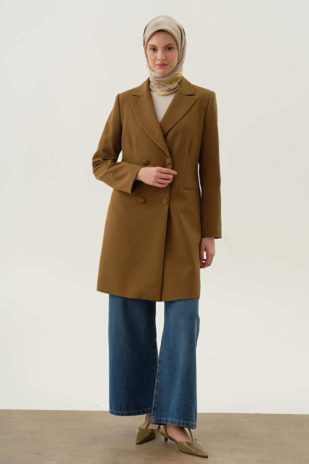 Kruvaze Düğmeli Uzun Basic Ceket - Olive - 3