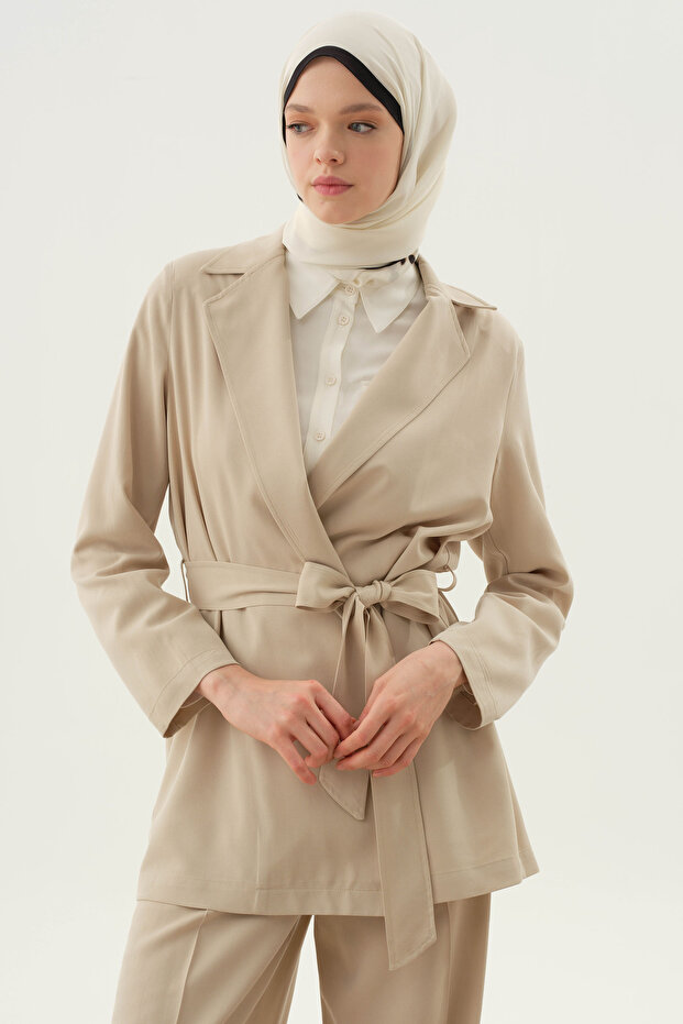 Kuşaklı Blazer Ceket - Bej - 3